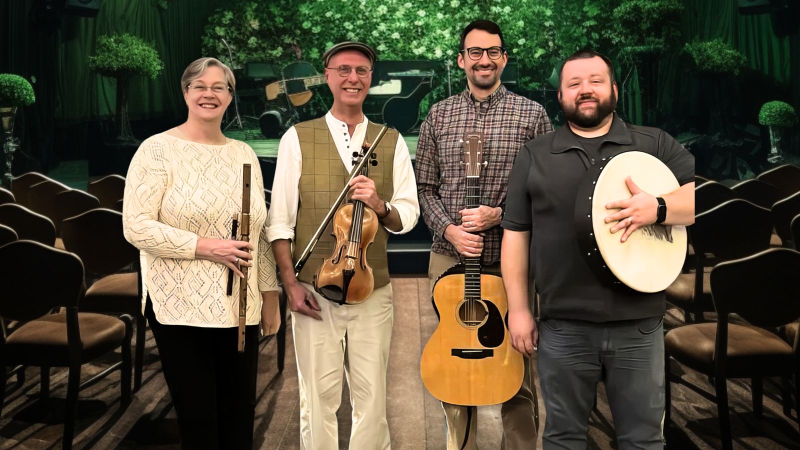 Killeeshil Irish band, features, from left: Eileen Yarrison, flutes and whistles; Michael Hamill, fiddle; Harry Wagg, guitar; Antanas Meilus, tenor and bodhran. Photo by Laura Hamill.